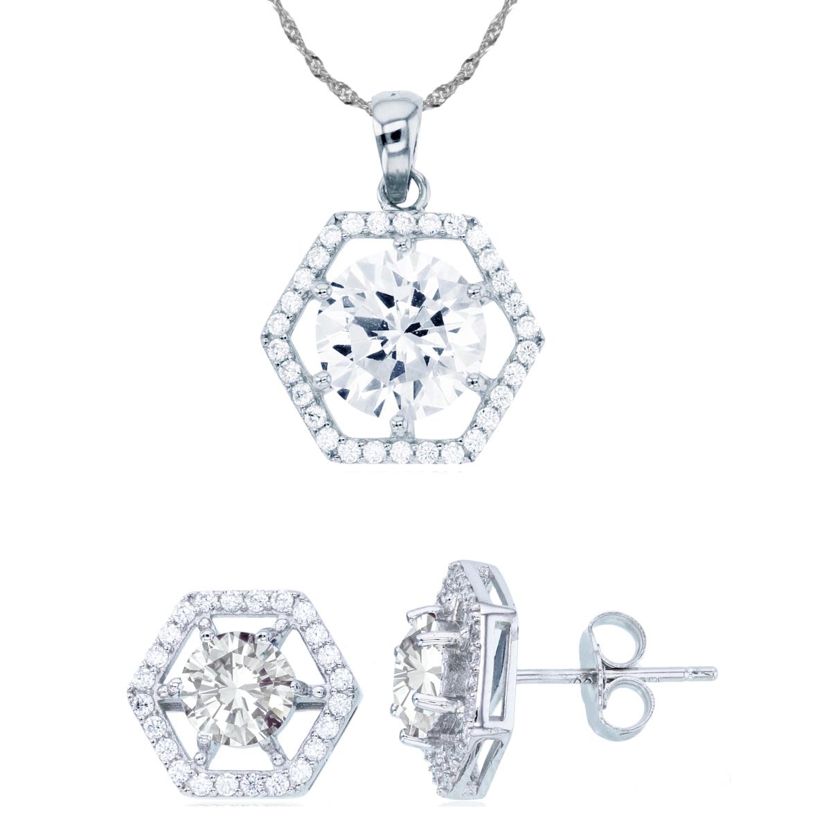 Sterling Silver Rhodium 8mm Rnd White CZ Center Hexagon 18"+2" Necklace & Earring Set