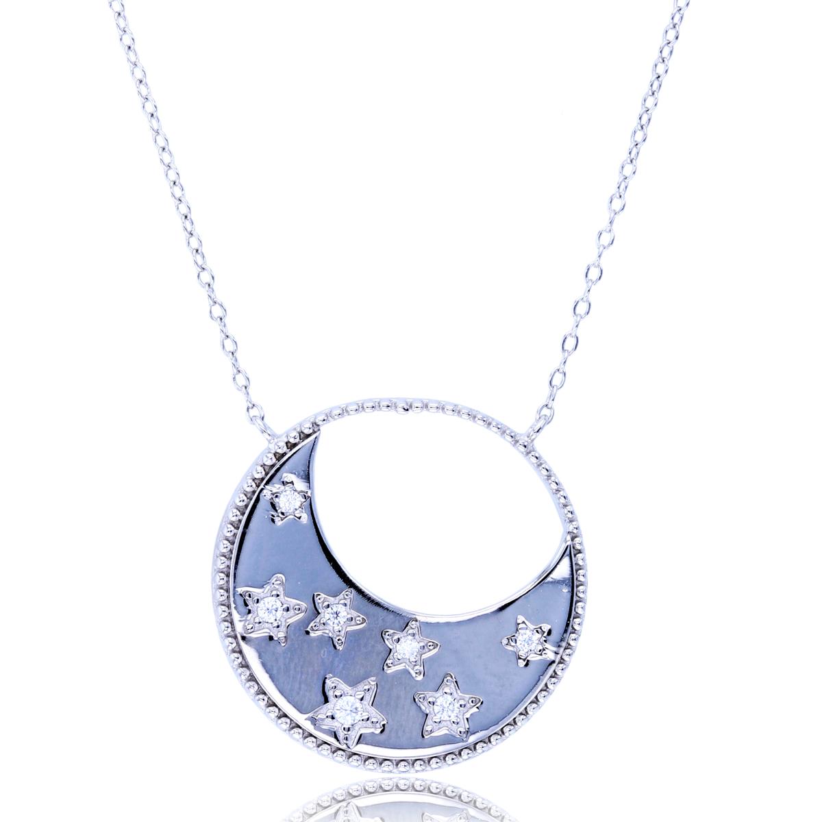 Sterling Silver Rhodium High Polish Moon & Rnd White CZ Stars Circle 18"Necklace