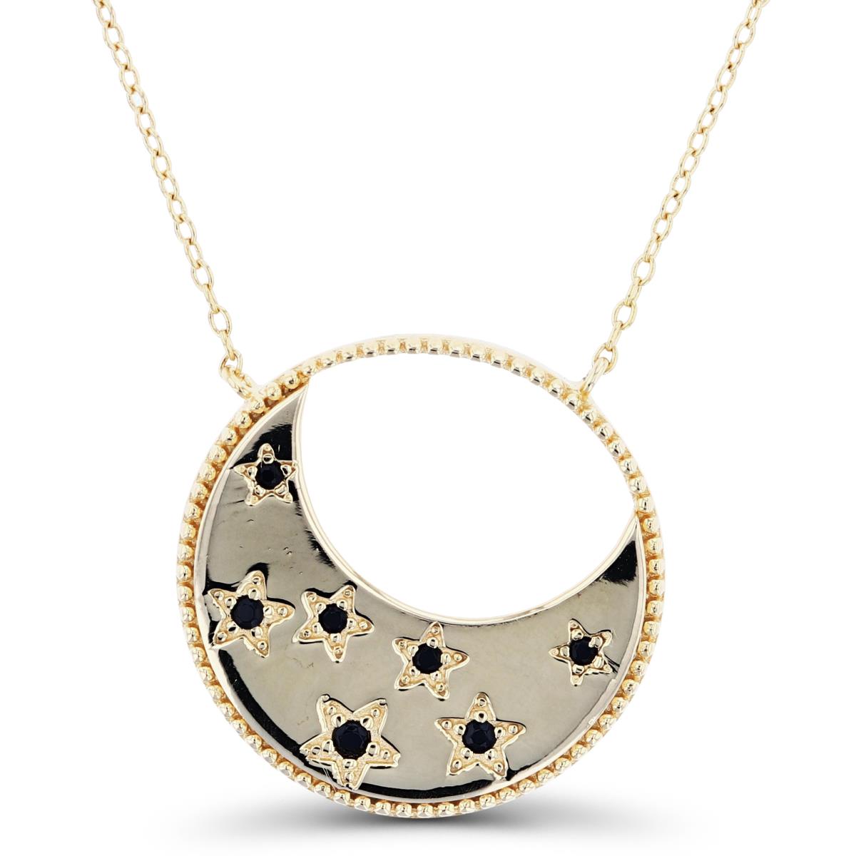 Sterling Silver Yellow High Polish Moon & Rnd Black CZ Stars Circle 18"Necklace