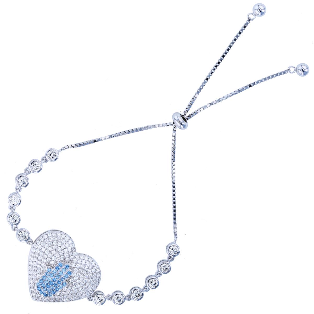 Sterling Silver Rhodium Paved White CZ Heart & #119 Blue Spinel Hamsa Adj Bracelet