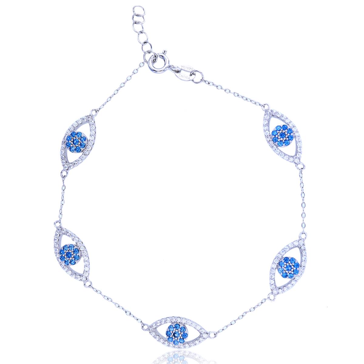Sterling Silver Rhodium Rnd White & #119 Blue Spinel CZ Evil Eyes Station 7.5+0.5"Chained Bracelet