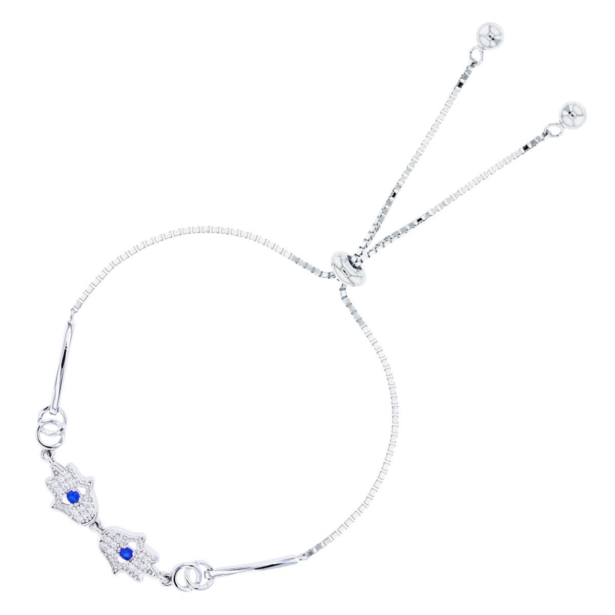 Sterling Silver Rhodium Rnd White & #113 Blue Spinel CZ Hamsa 6.5+1"Chained Bracelet