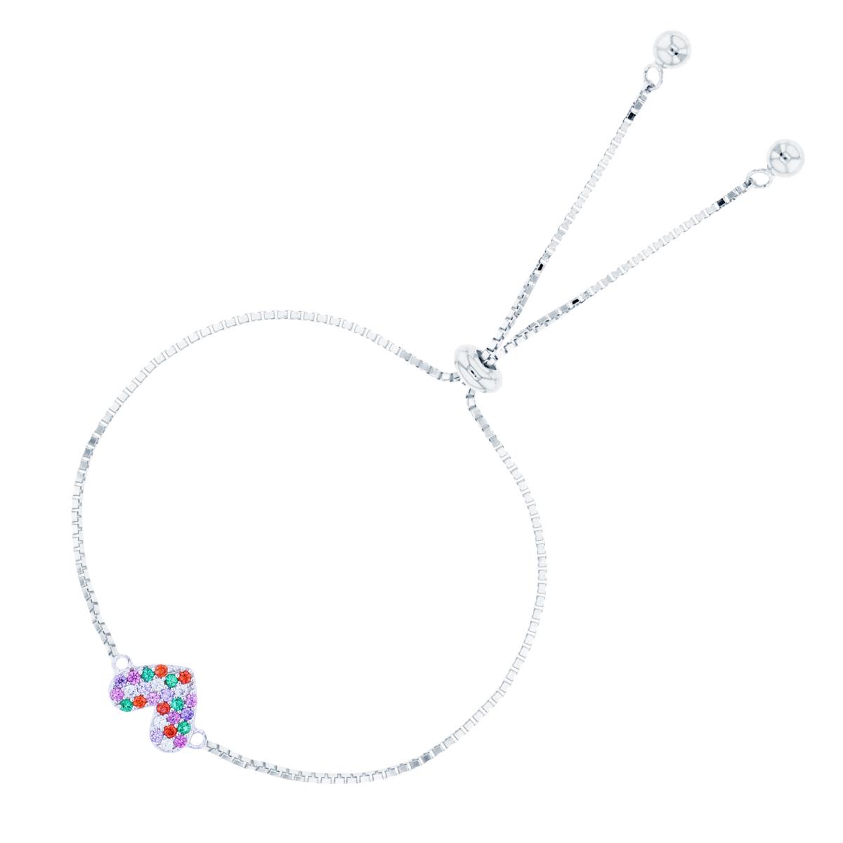Sterling Silver Rhodium Rnd Multicolor CZ Heart Adjustable Bolo Bracelet