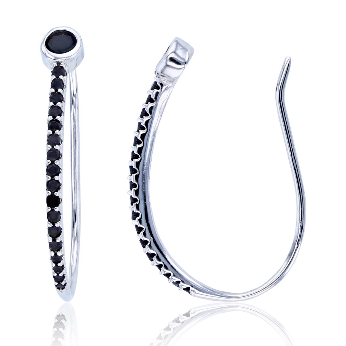 Sterling Silver Rhodium 3mm Rnd Black Spinel Bezel on Graduated Black Spinel Row Fish Hook Earrings