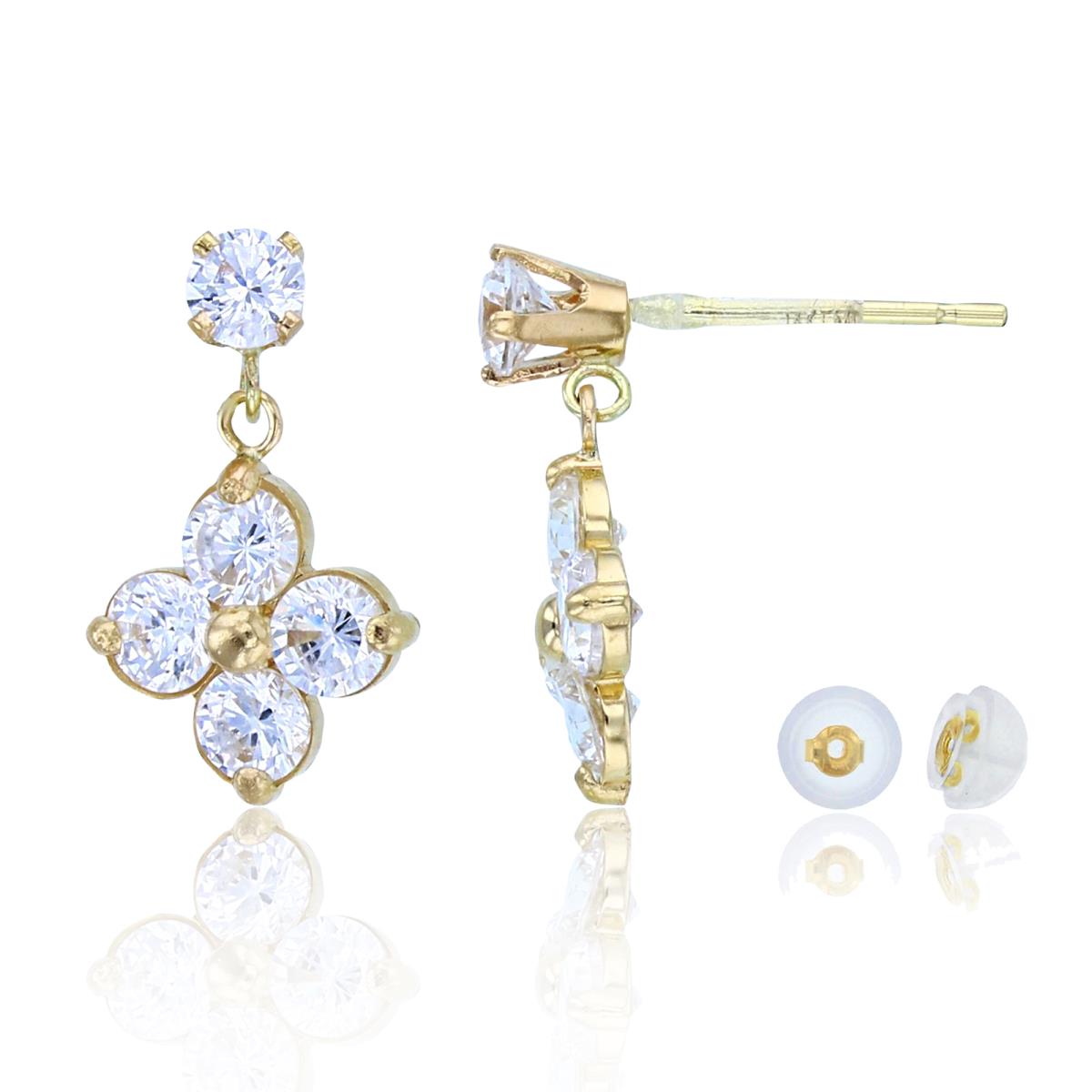 10K Yellow Gold 3mm Rnd CZ Flower Dangling Earrings with Silicon Backs