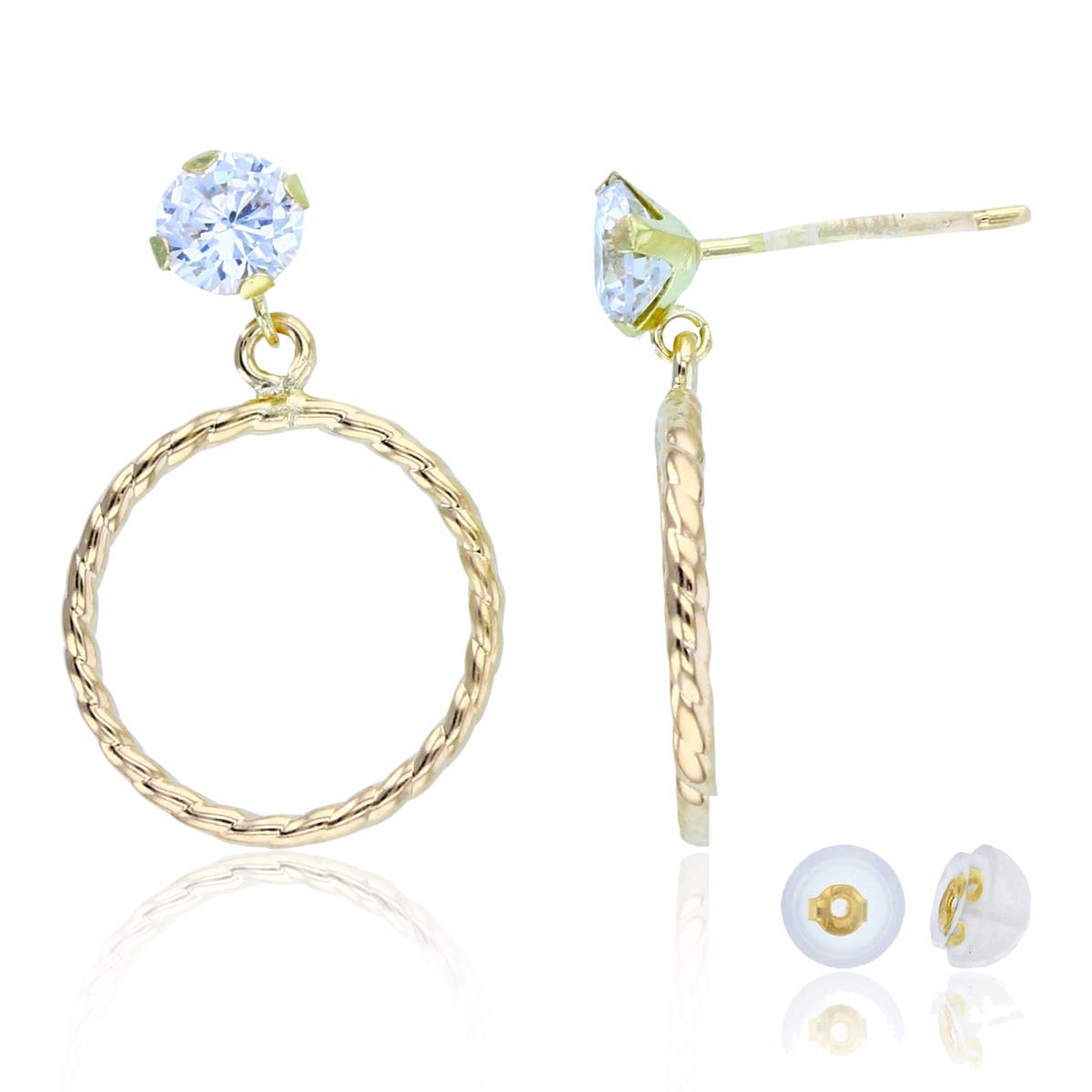 10K Yellow Gold 4mm Rnd CZ Top & Open Twist Circle Dangling Earrings with Silicon Backs