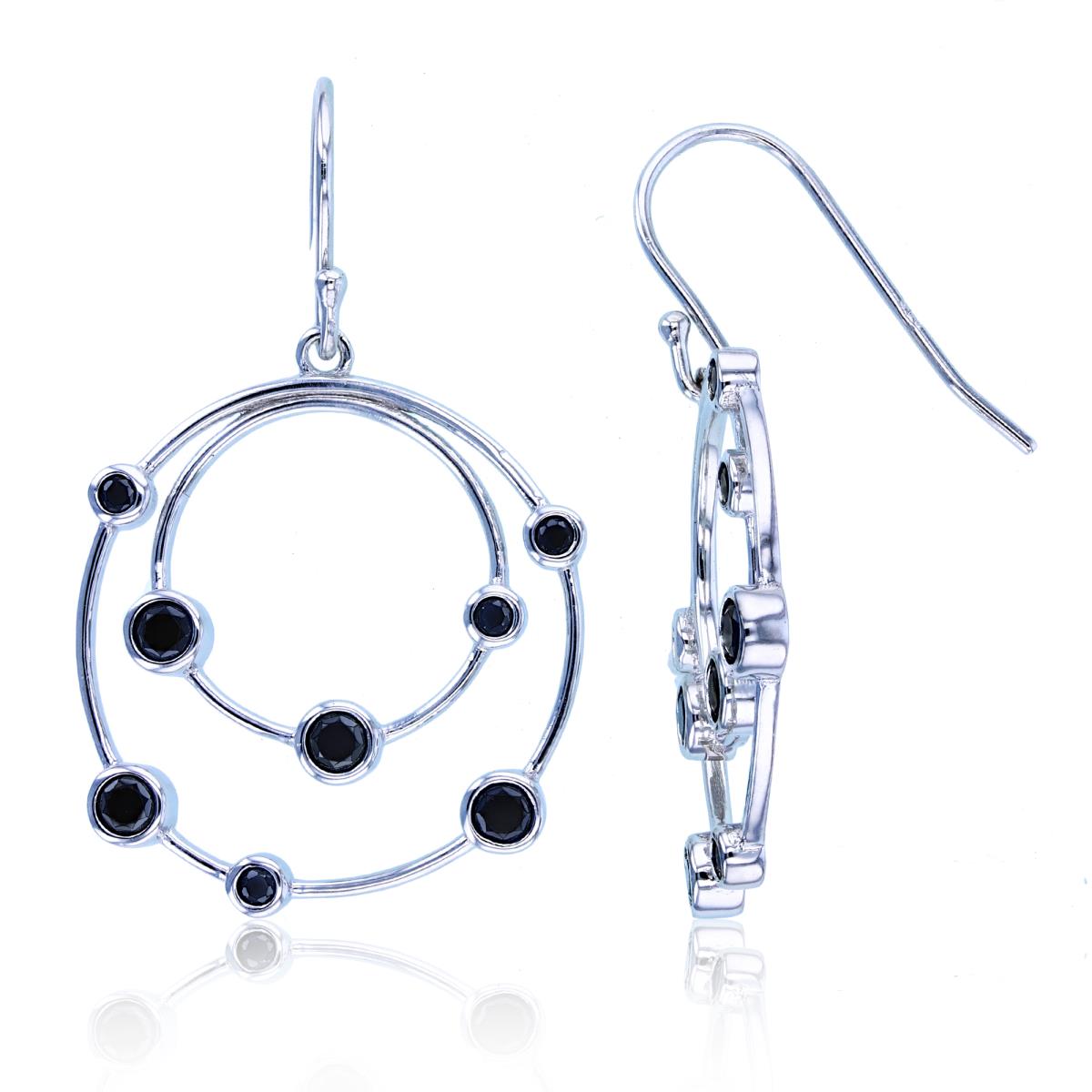 Sterling Silver Rhodium 3mm/2mm Rnd Black Spinel Bezel Circles on Double Round Tubing Earrings