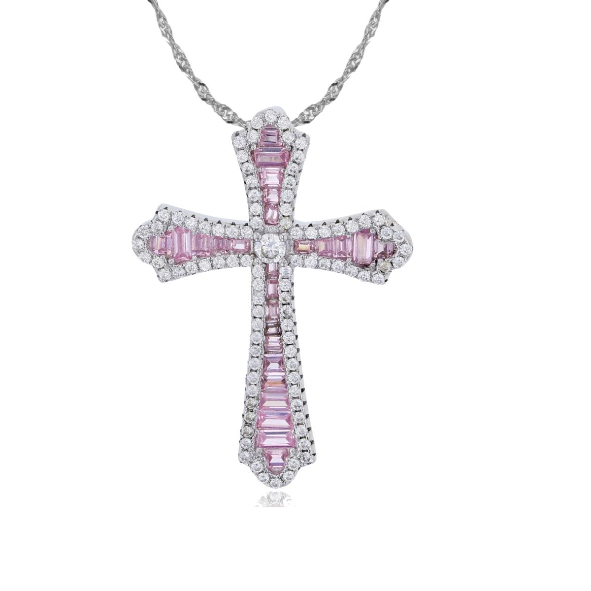 Sterling Silver Rhodium White Rd & Pink Baguette CZ Graduated Cross 18"+2" Singapore Necklace