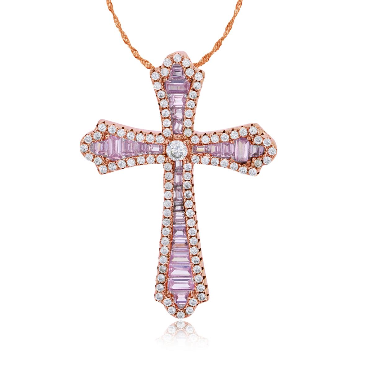 Sterling Silver Rose 1-Micron White Rd & Pink Baguette CZ Graduated Cross 18"+2" Singapore Necklace