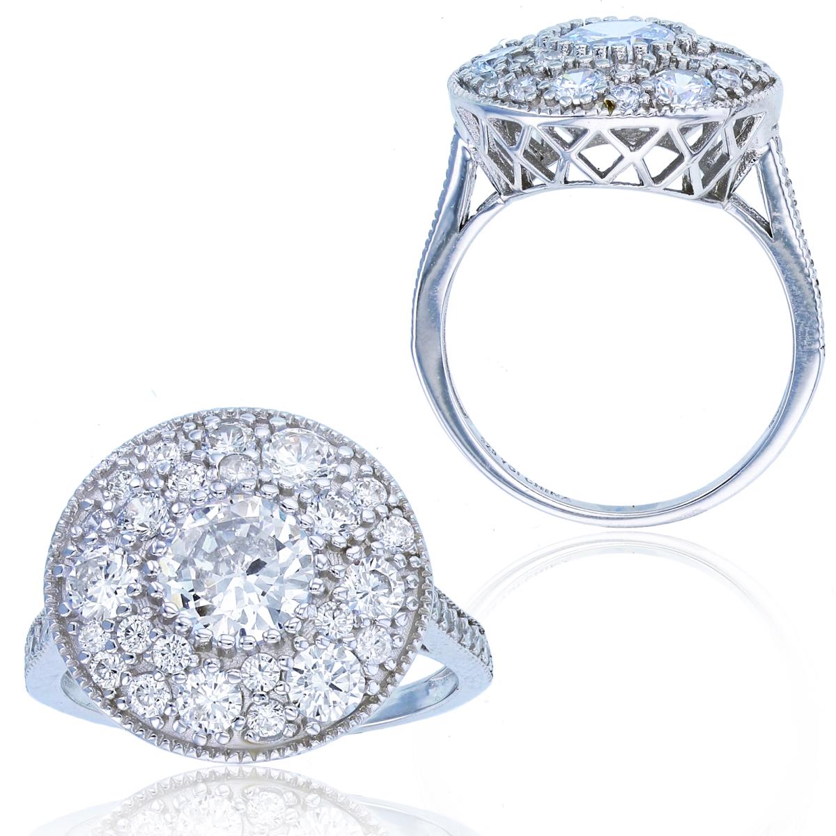 Sterling Silver Rhodium Paved CZ Milgrain Circle Fashion Ring