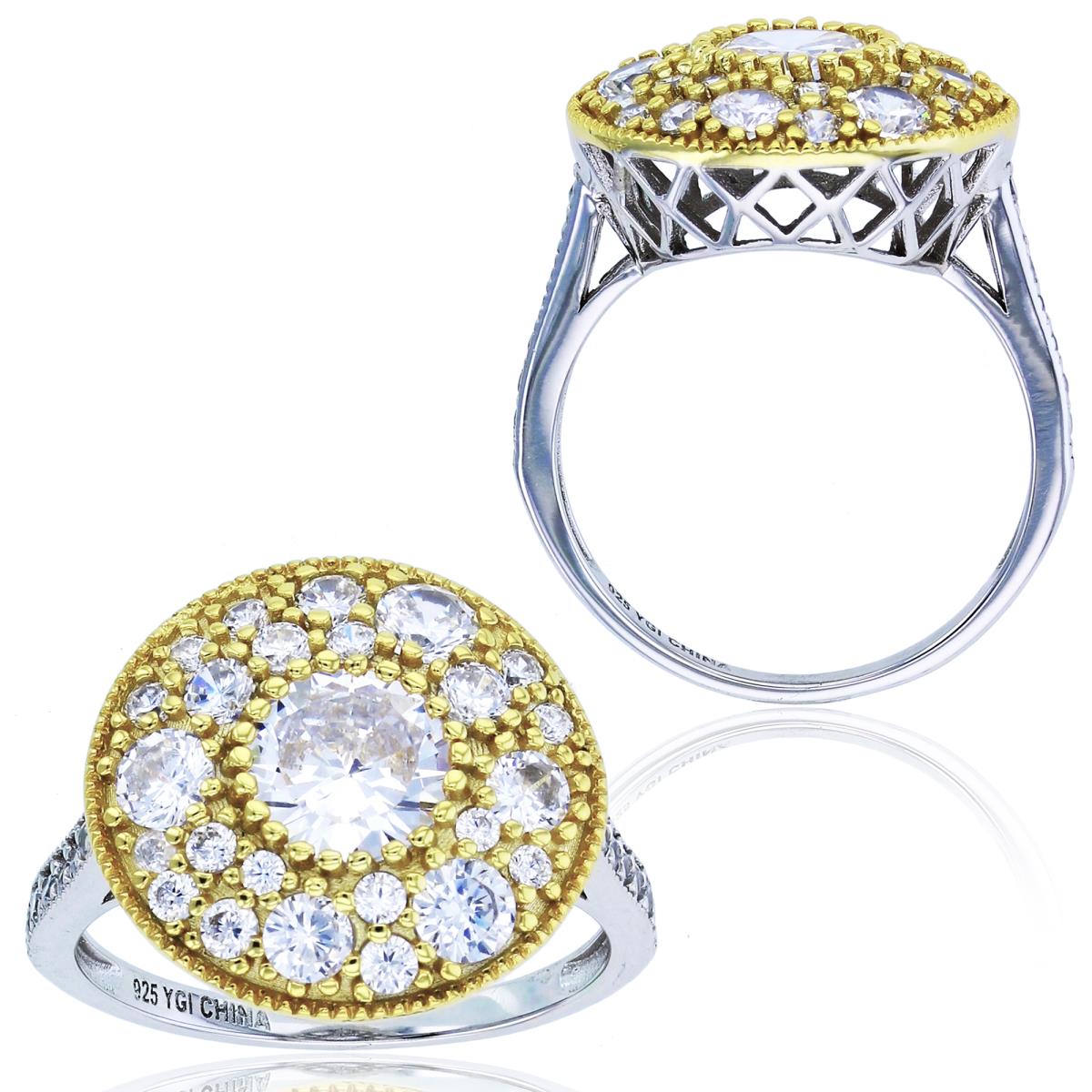 Sterling Silver Rhodium & Yellow Paved CZ Milgrain Circle Fashion Ring
