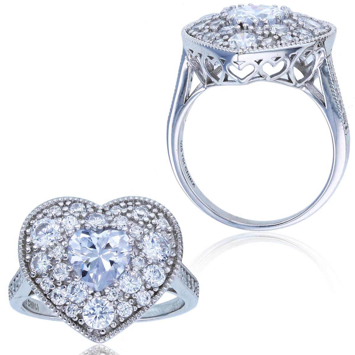Sterling Silver Rhodium Paved CZ Milgrain Heart Fashion Ring