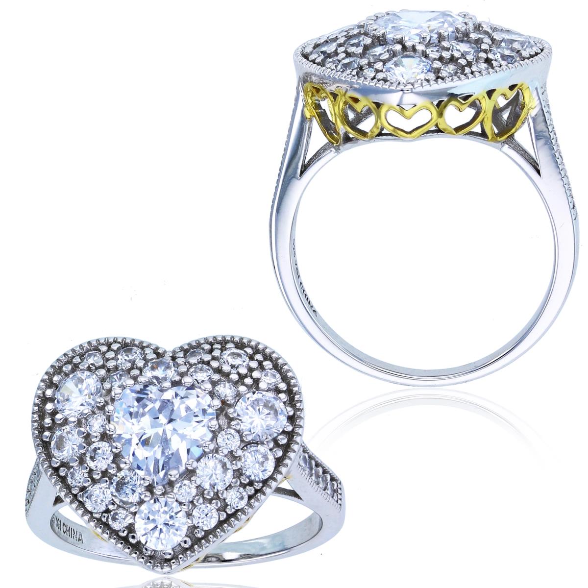 Sterling Silver Rhodium & Yellow Paved CZ Milgrain Heart Fashion Ring