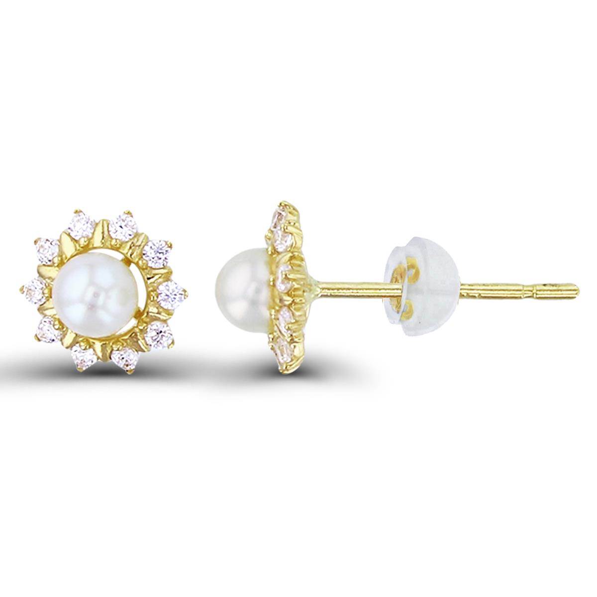 14K Yellow Gold 3mm Rnd Fresh Water Pearl & Rnd CZ Flower Studs with Silicon Backs