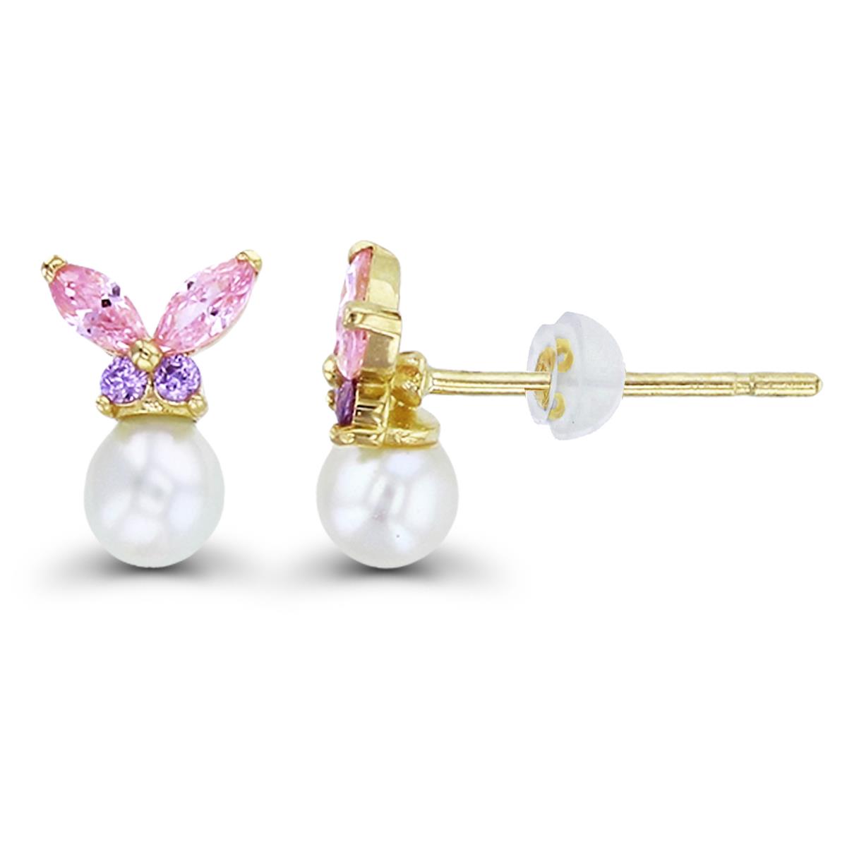 14K Yellow Gold Rnd Amethyst CZ & MQ Pink CZ Butterfly on Rnd Pearl Studs with Silicon Backs