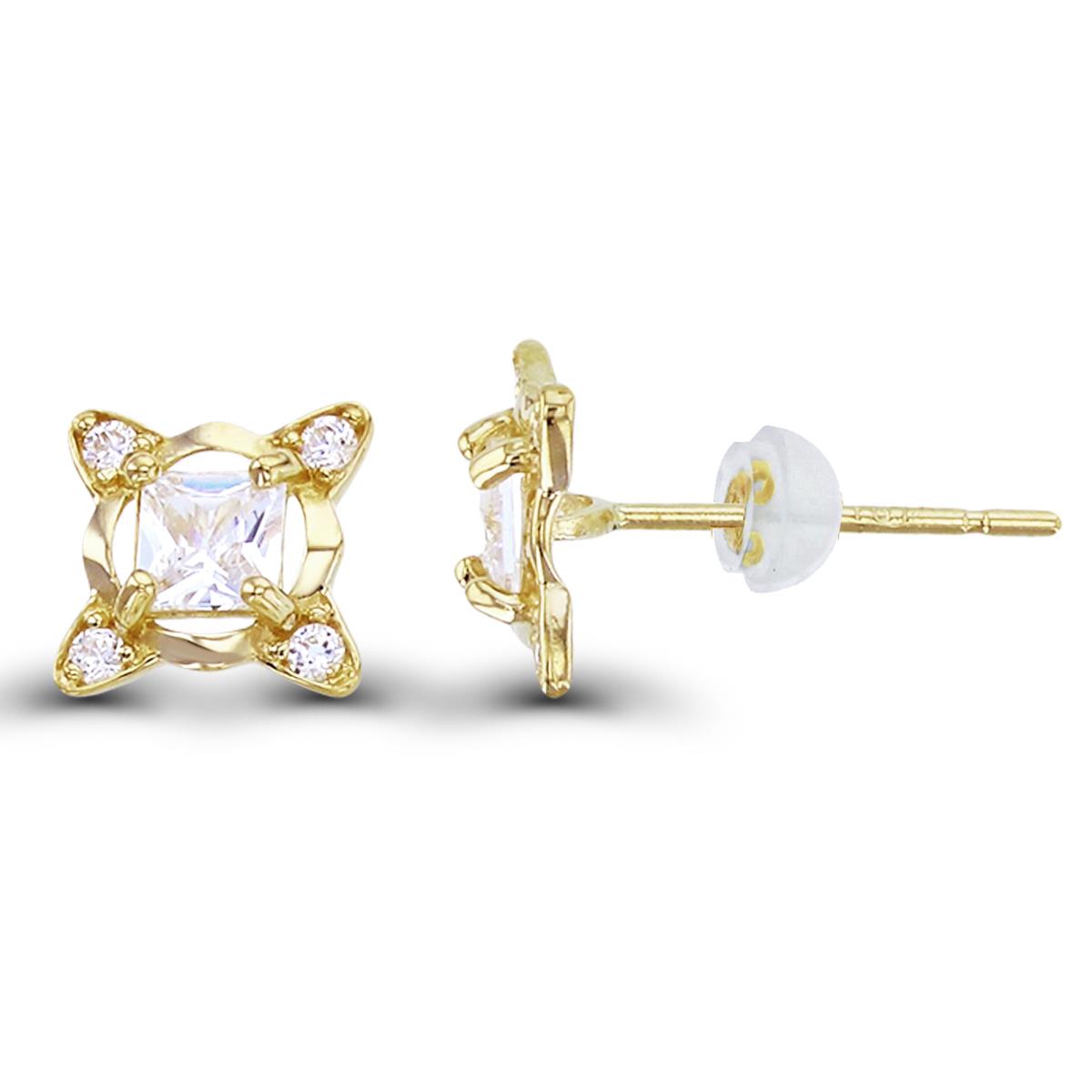 14K Yellow Gold 3mm SQ & Rnd CZ Clover Studs with Silicon Backs