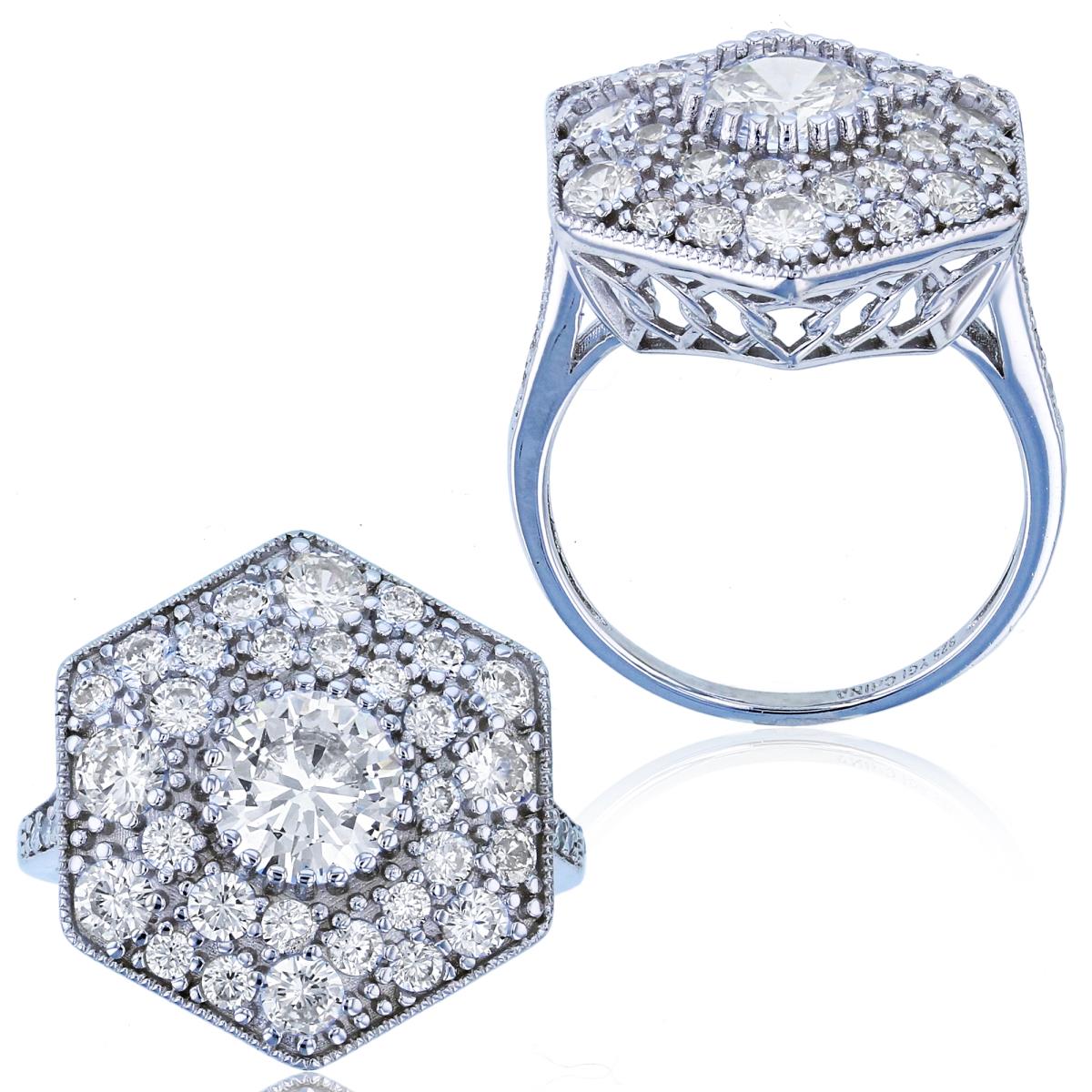 Sterling Silver Rhodium Paved CZ Milgrain Hexagon Fashion Ring