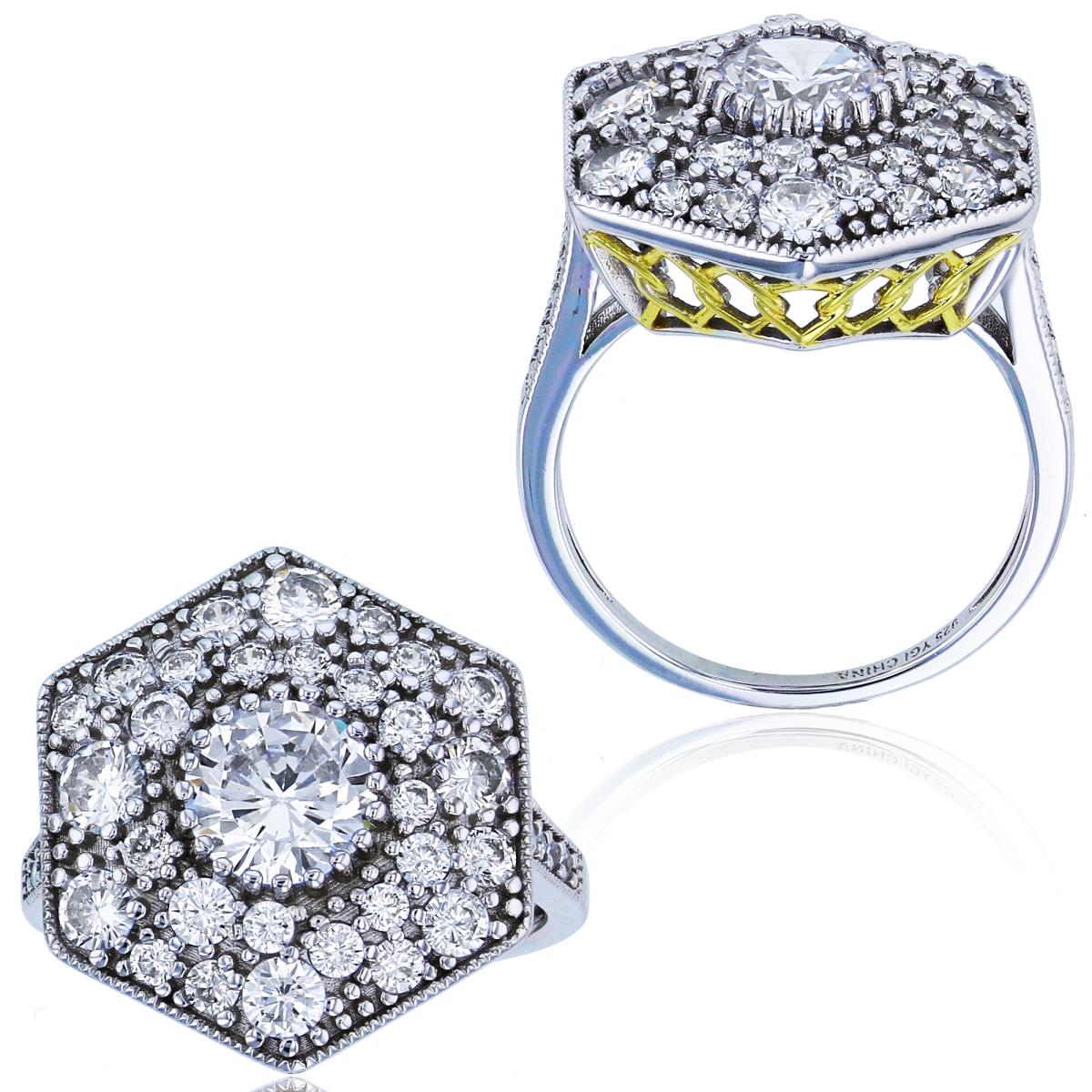 Sterling Silver Rhodium & Yellow Paved CZ Milgrain Hexagon Fashion Ring
