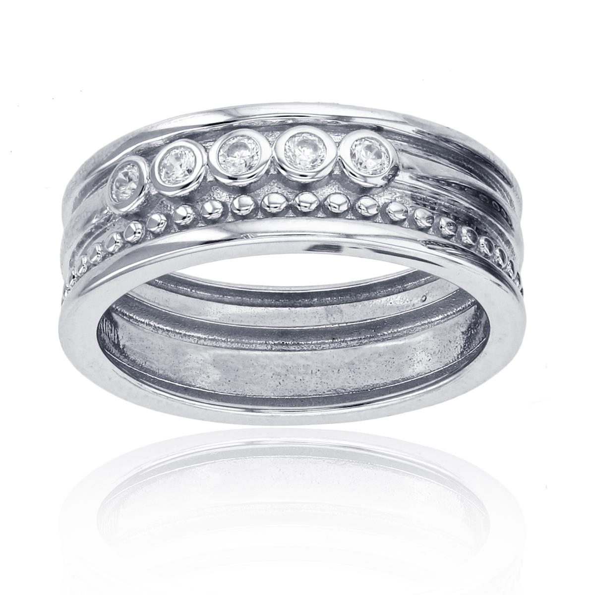 Sterling Silver Rhodium CZ Bezel Beaded Row Band Ring