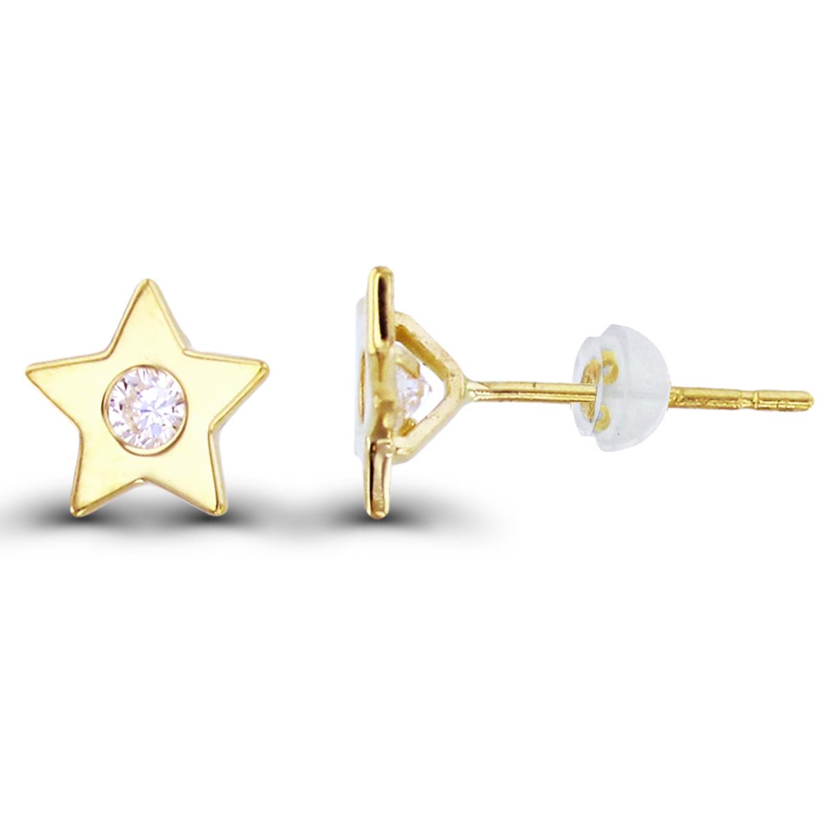 14K Yellow Gold Single Bezel Rnd CZ Star Studs with Silicon Backs