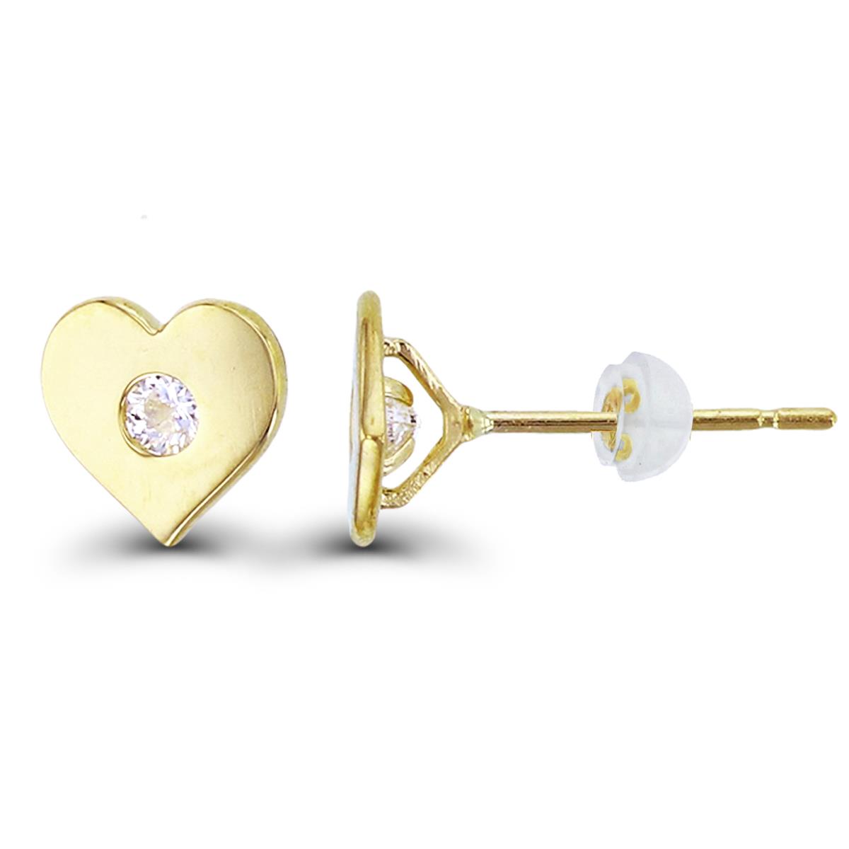 14K Yellow Gold Single Bezel Rnd CZ Heart Studs with Silicon Backs