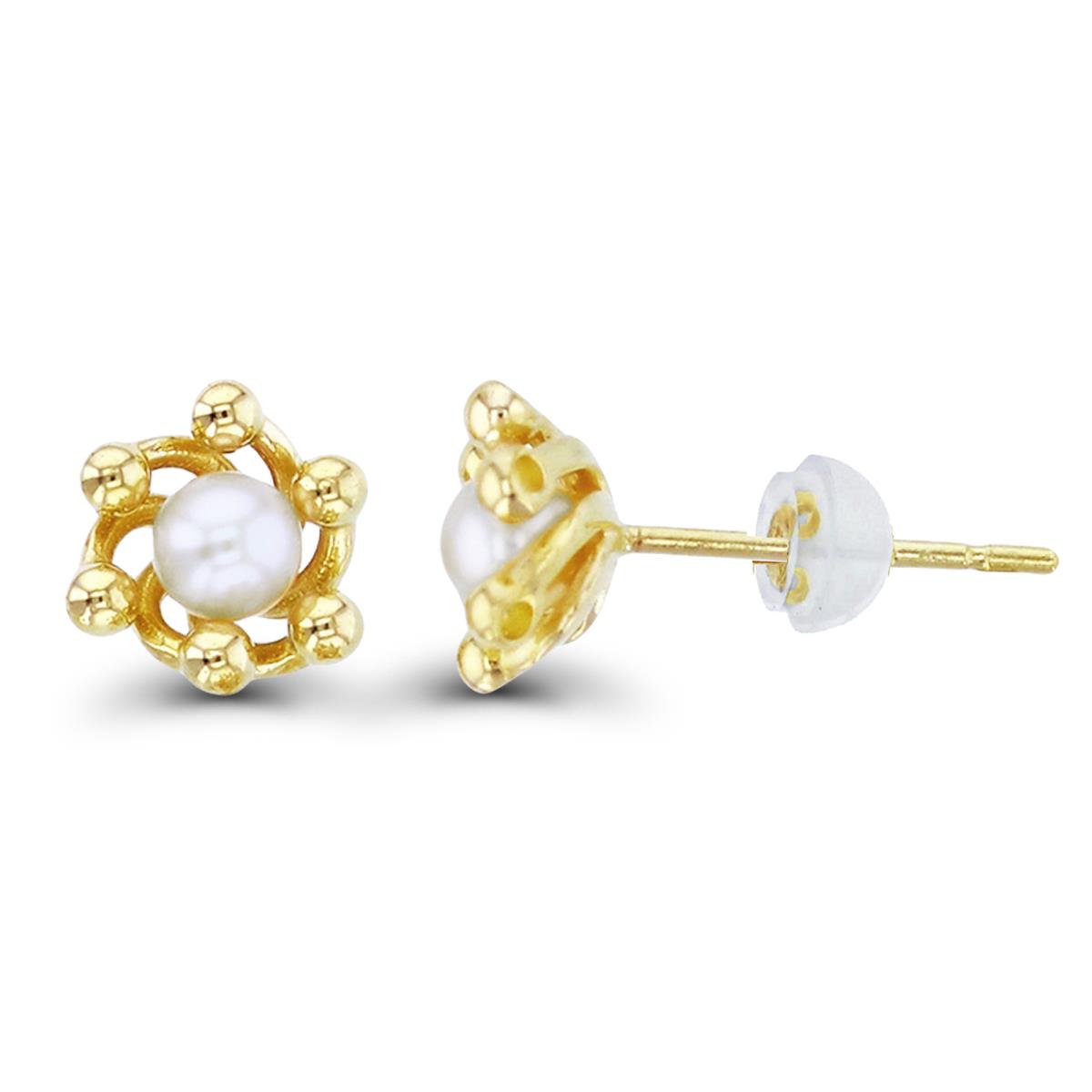 14K Yellow Gold 3mm Rnd Pearl Flower Beaded Studs with Silicon Backs