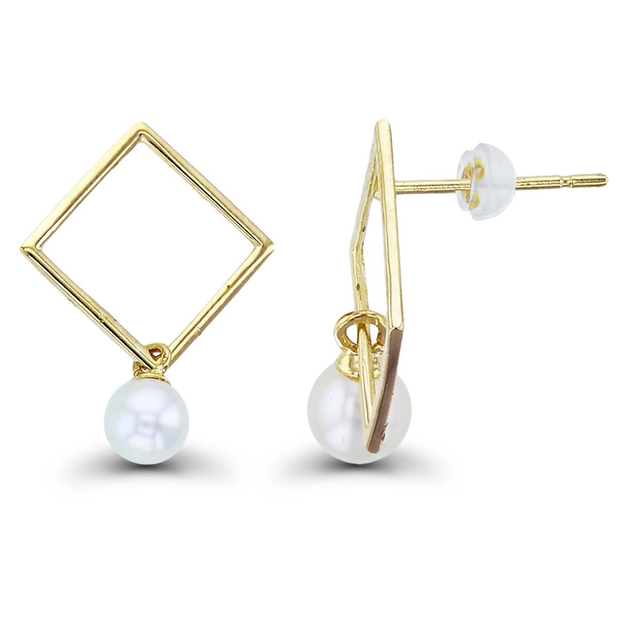 14K Yellow Gold 4mm Rnd Fresh Water Pearl Movable in Open Square Earrings with Silicon Backs