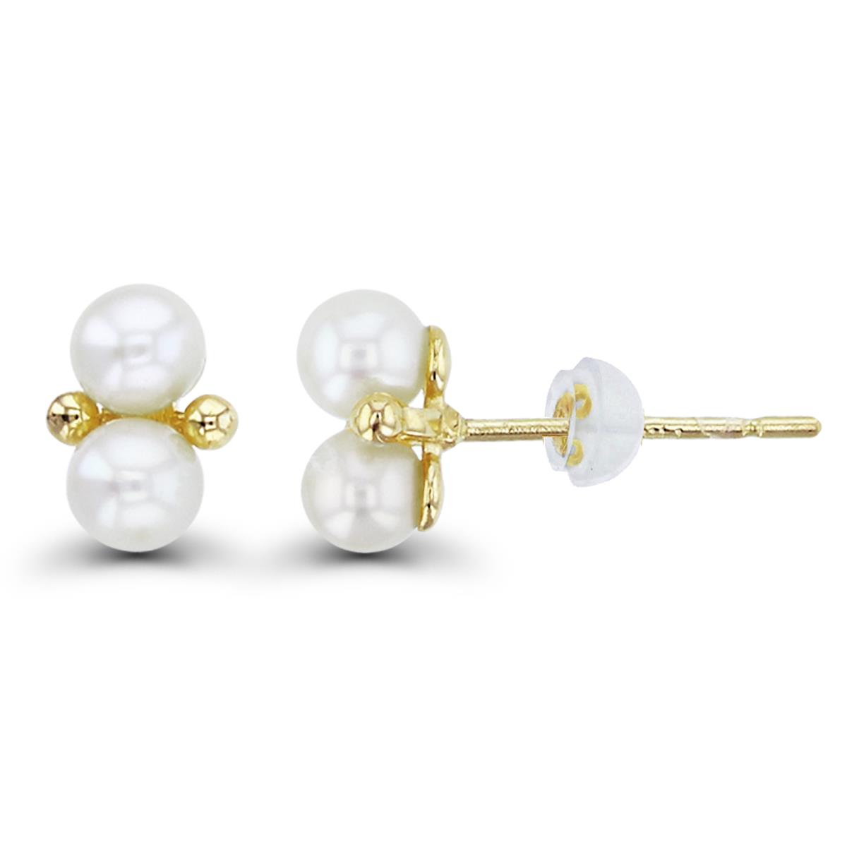 14K Yellow Gold Split 3mm Rnd Fresh Water Pearls Beaded Studs with Silicon Backs