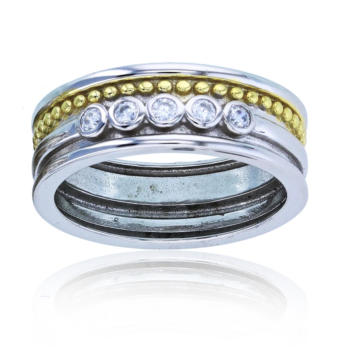 Sterling Silver Rhodium & Yellow CZ Bezel Beaded Row Band Ring
