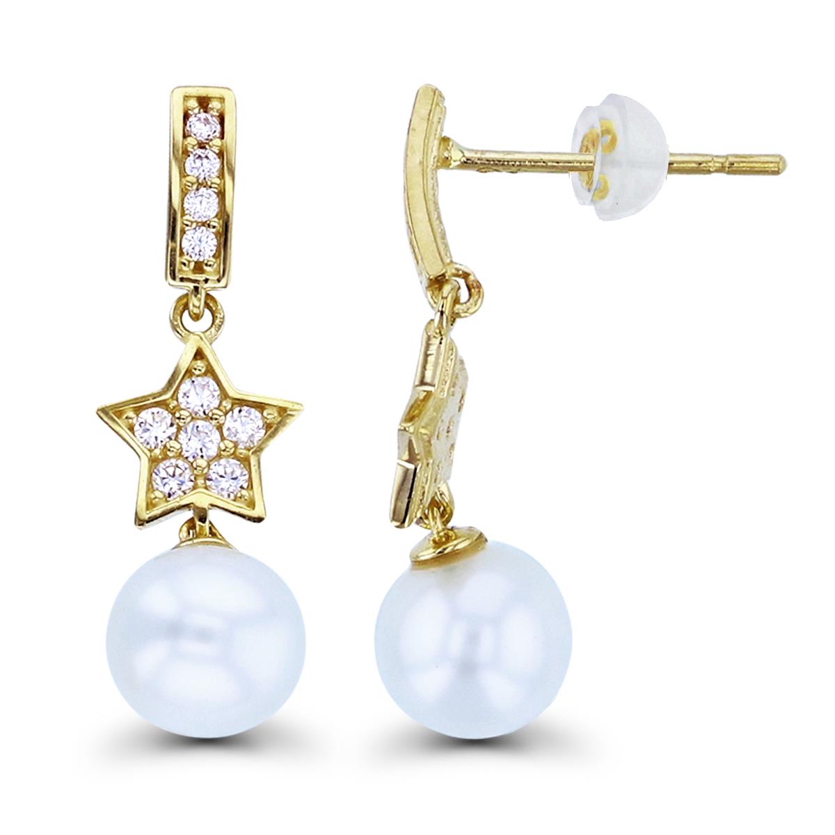 14K Yellow Gold 5mm Fresh Water Pearl & Rnd CZ Pave Star Dangling Earrings with Silicon Backs