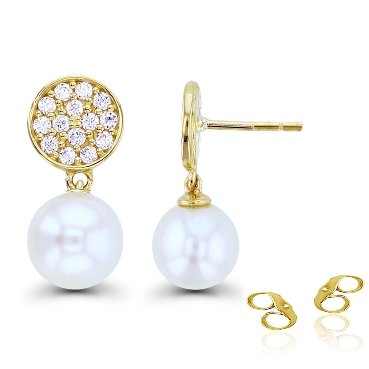 14K Yellow Gold 5mm Fresh Water Pearl & Rnd CZ Pave Circle Dangling Earrings with Silicon Backs
