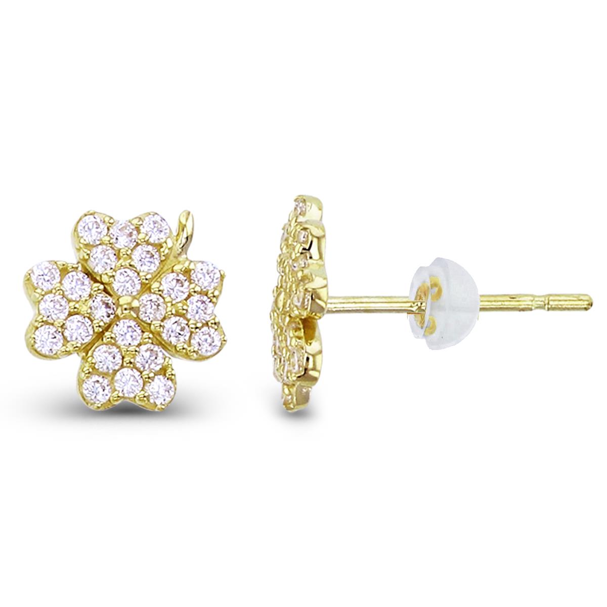 14K Yellow Gold Rnd CZ Flower Studs with Silicon Backs