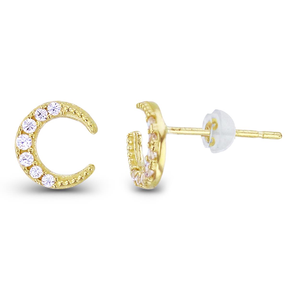 14K Yellow Gold Rnd CZ Beaded Crescent Studs with Silicon Backs