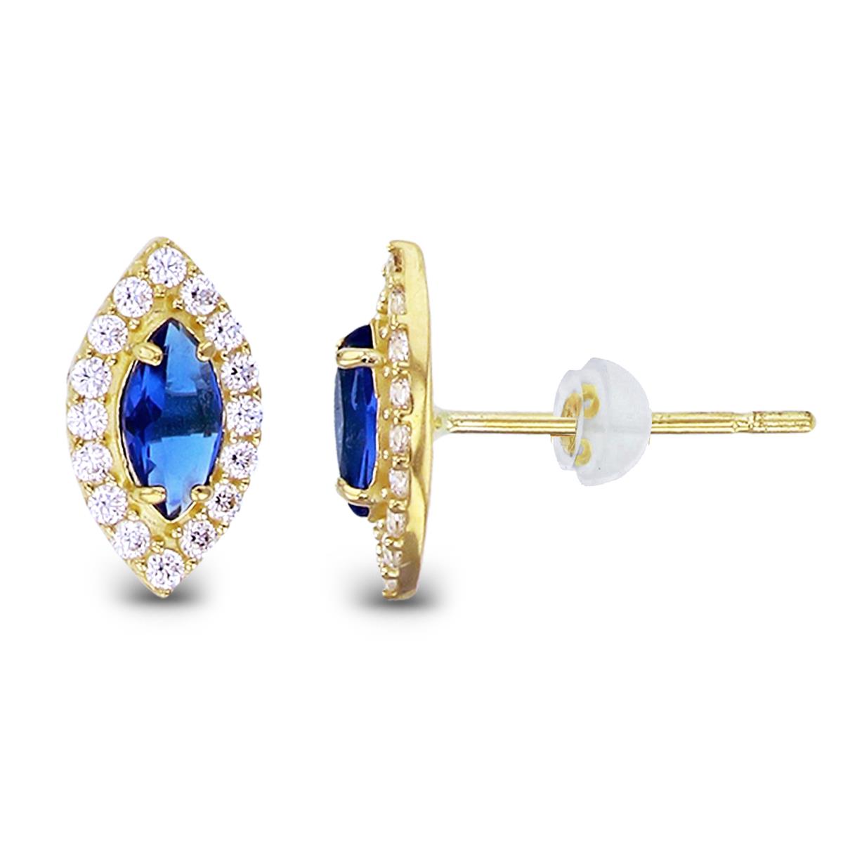 14K Yellow Gold MQ Sapphire & Rnd White CZ Halo Studs with Silicon Backs