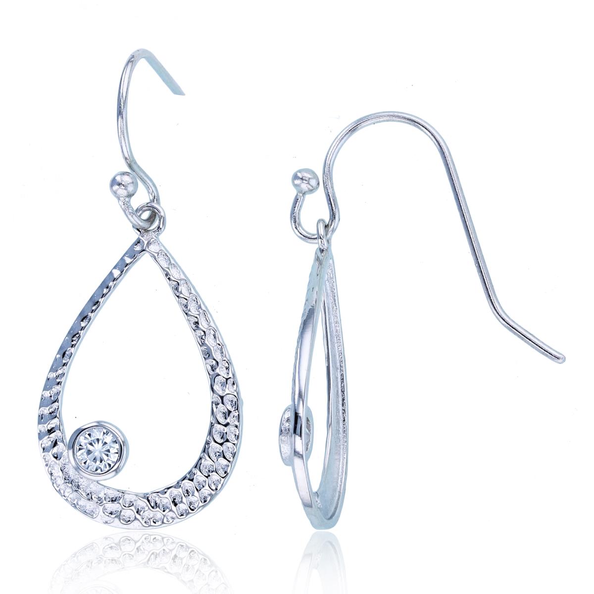 Sterling Silver Rhodium Textured Pear Shape Bezel CZ FishHook Earring