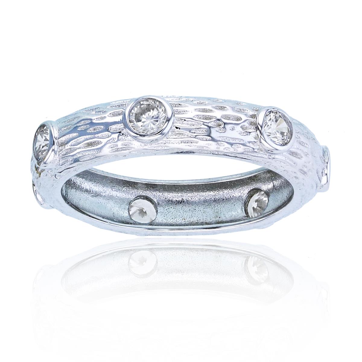 Sterling Silver Rhodium Bezel CZ Textured Band Ring
