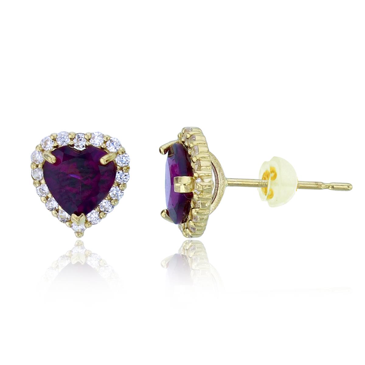 14K Yellow Gold 6mm HS Rhodolite & Wh.Zircon Halo Heart Studs with Silicon Backs