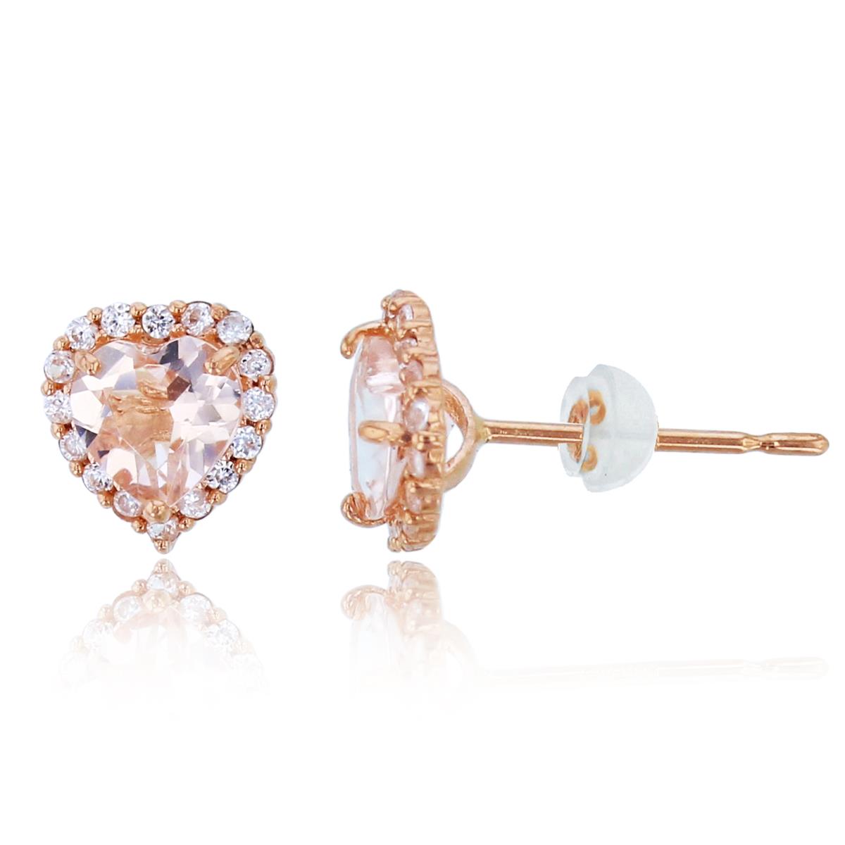 14K Rose Gold 5mm HS Morganite & Wh.Zircone Halo Heart Studs with Silicon Backs
