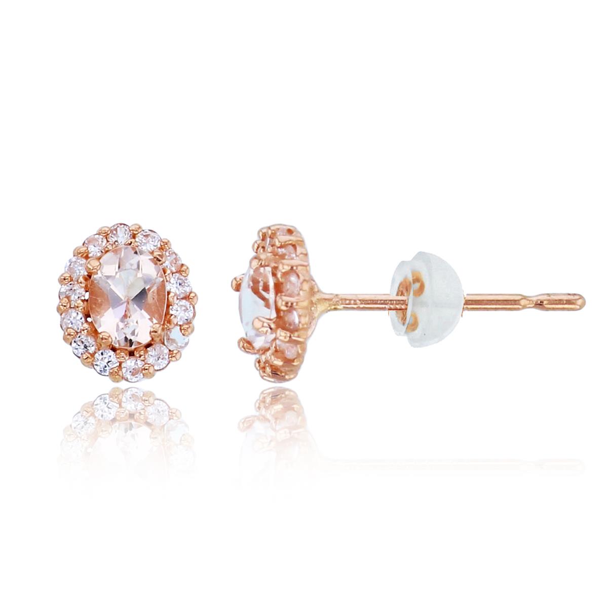 14K Rose Gold 4x3mm Ov Morganite & Wh.Zircon Halo Oval Studs with Silicon Backs