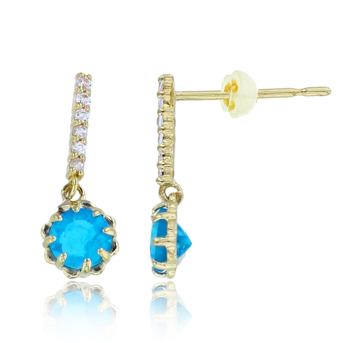 14K Yellow Gold 4mm Rnd Blue Apatite & Wh.Zircon Dangling Earrings with Silicon Backs