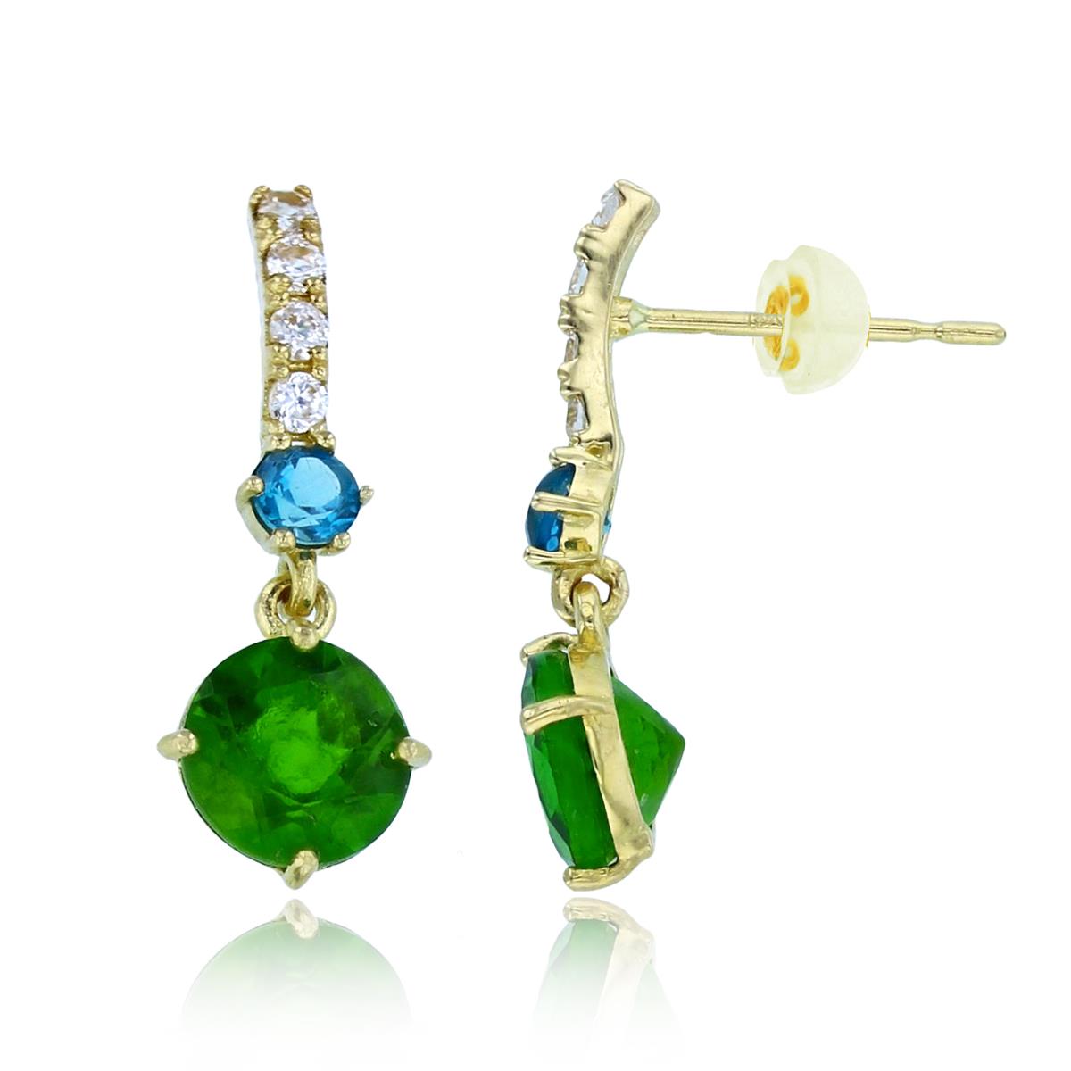 14K Yellow Gold 6mm Rnd Chrom Diopside/London Bl.Topaz & Wh.Zircon Dangling Earrings with Silicon Backs
