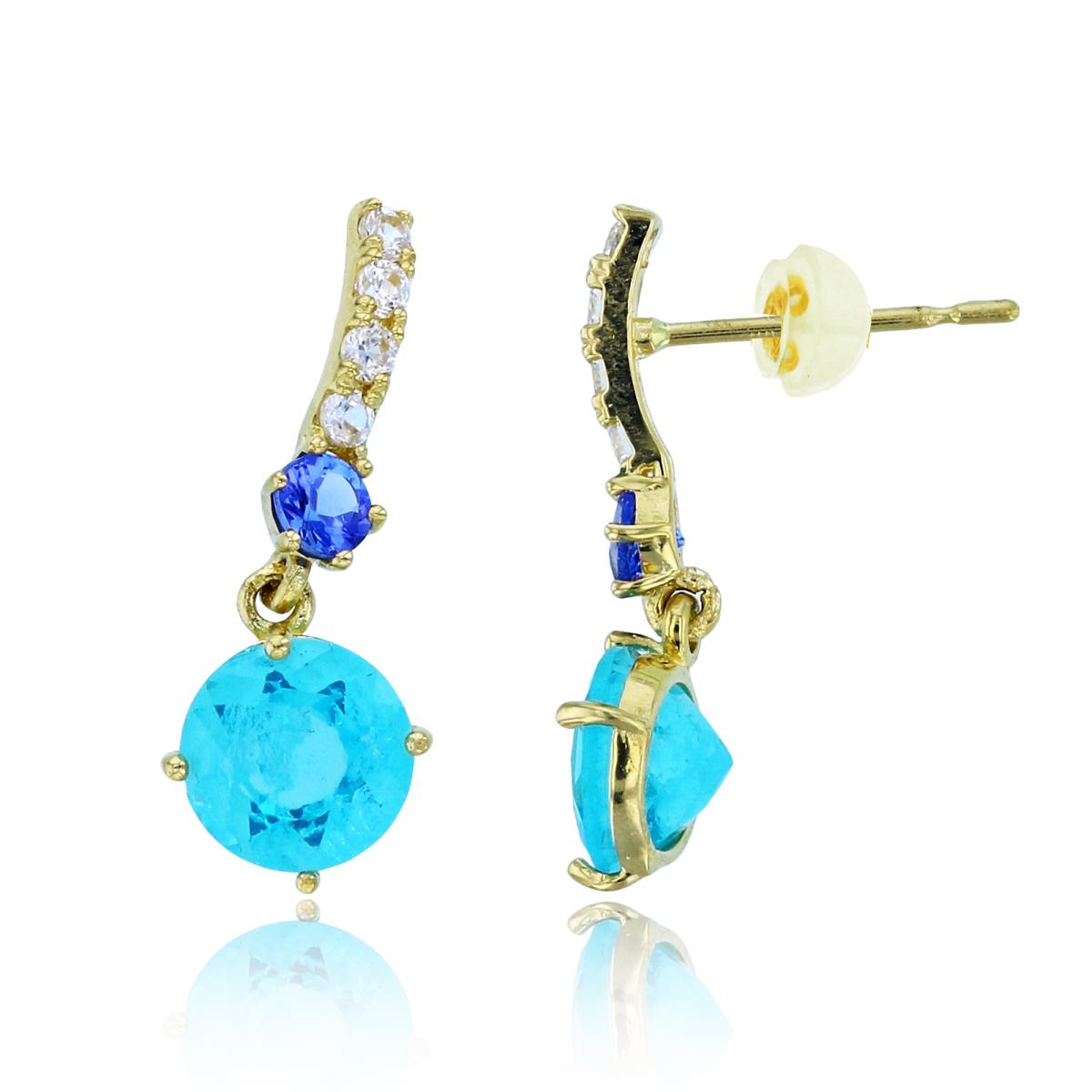 14K Yellow Gold 6mm Rnd Bl.Apatite/Tanzanite & Wh.Zircon Dangling Earrings with Silicon Backs