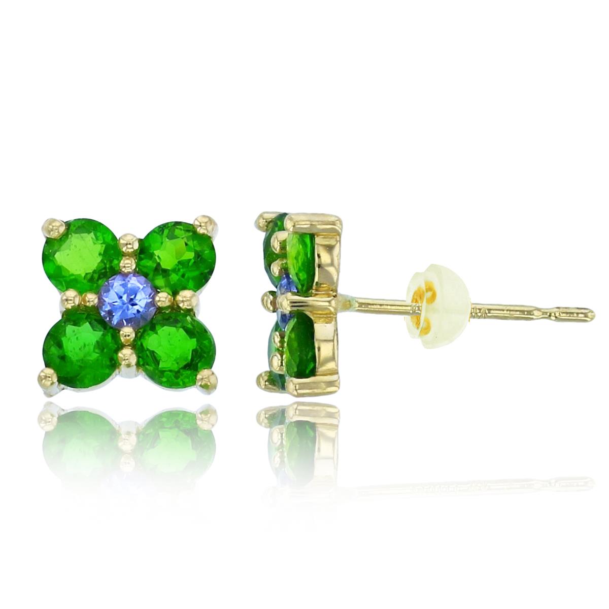 10K Yellow Gold Rnd Chrom Diopside & Tanzanite Flower Studs with Silicon Backs