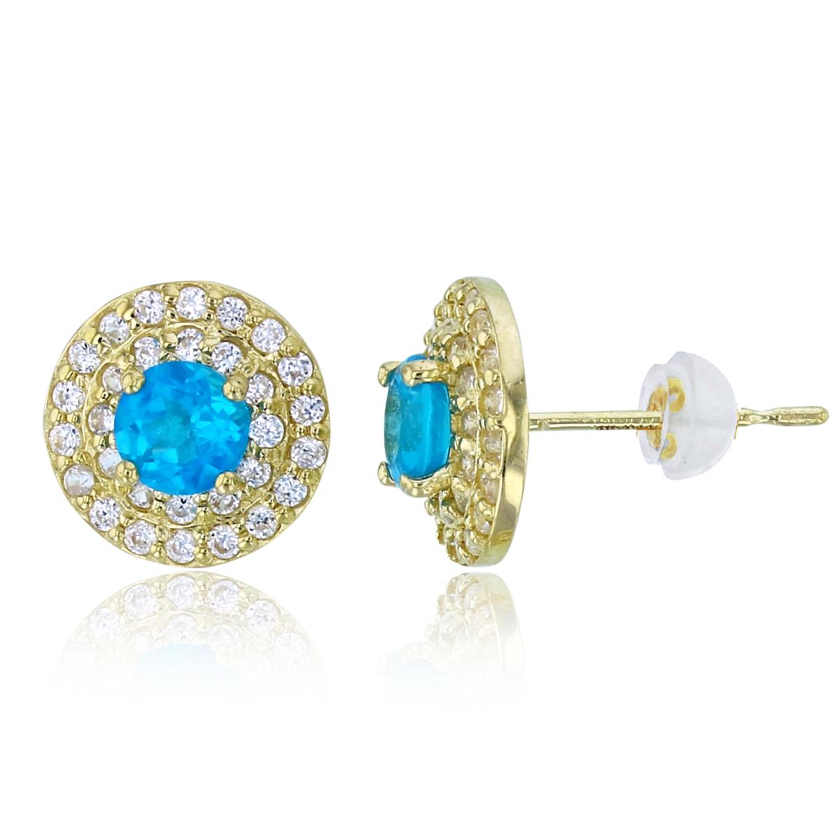 14K Yellow Gold 4mm Rnd Blue Apatite & Wh.Zircon Double Halo Circle Studs with Silicon Backs