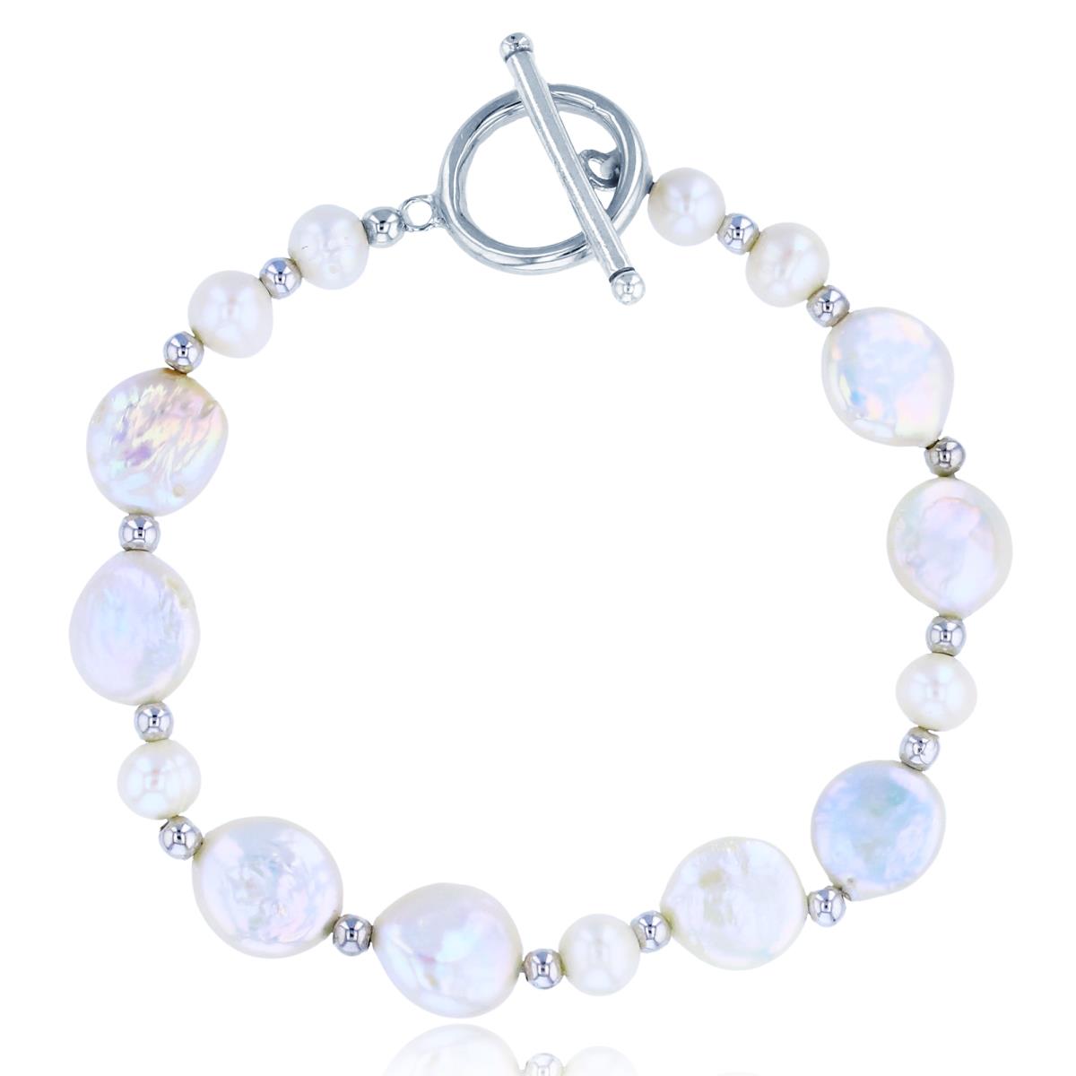 Sterling Silver Rhodium Coin Pearl & Rd FWP 7.25" Bracelet
