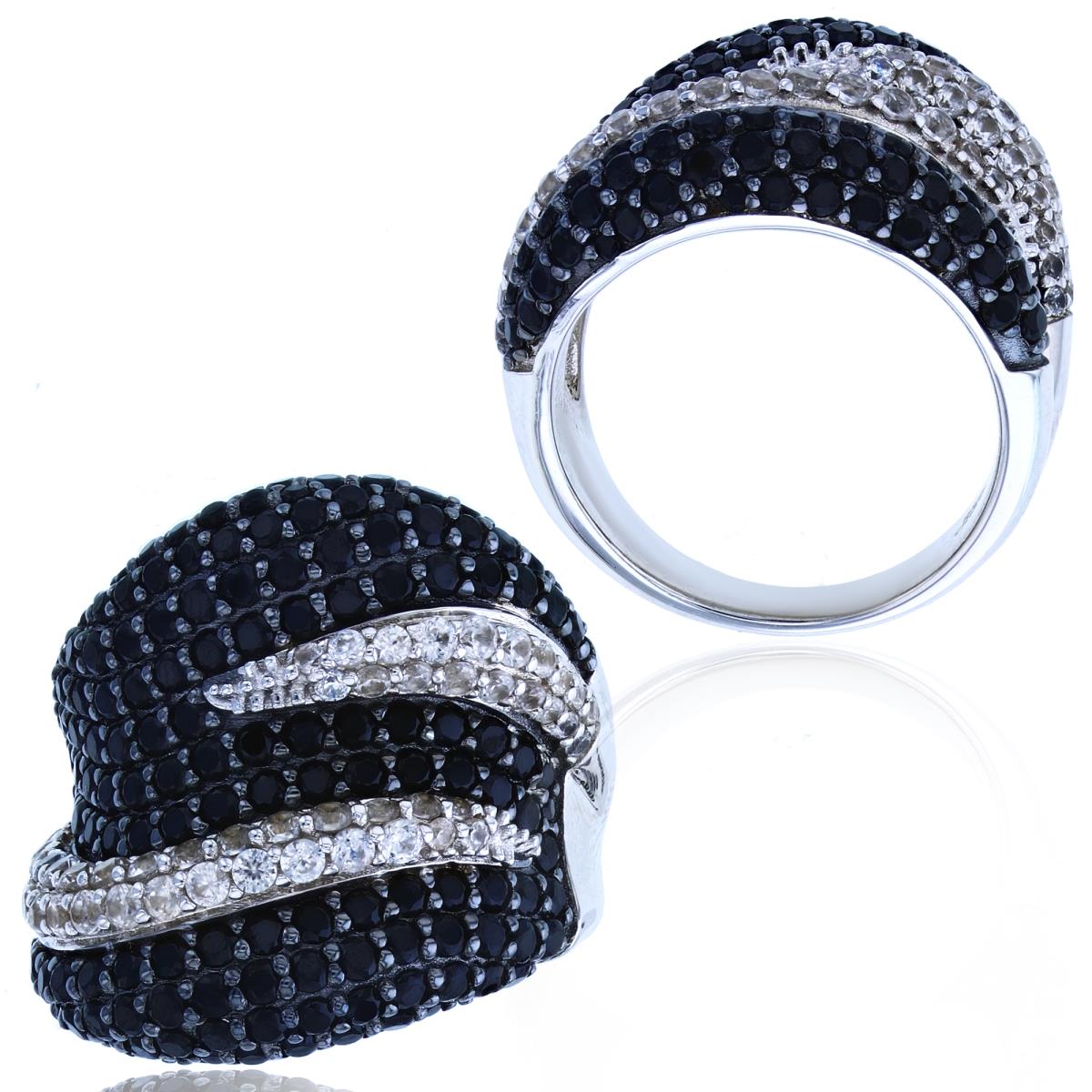 Sterling Silver Black & Rhodium Paved White Zircon/Black Spinel Multi Row Puffy Fashion Ring