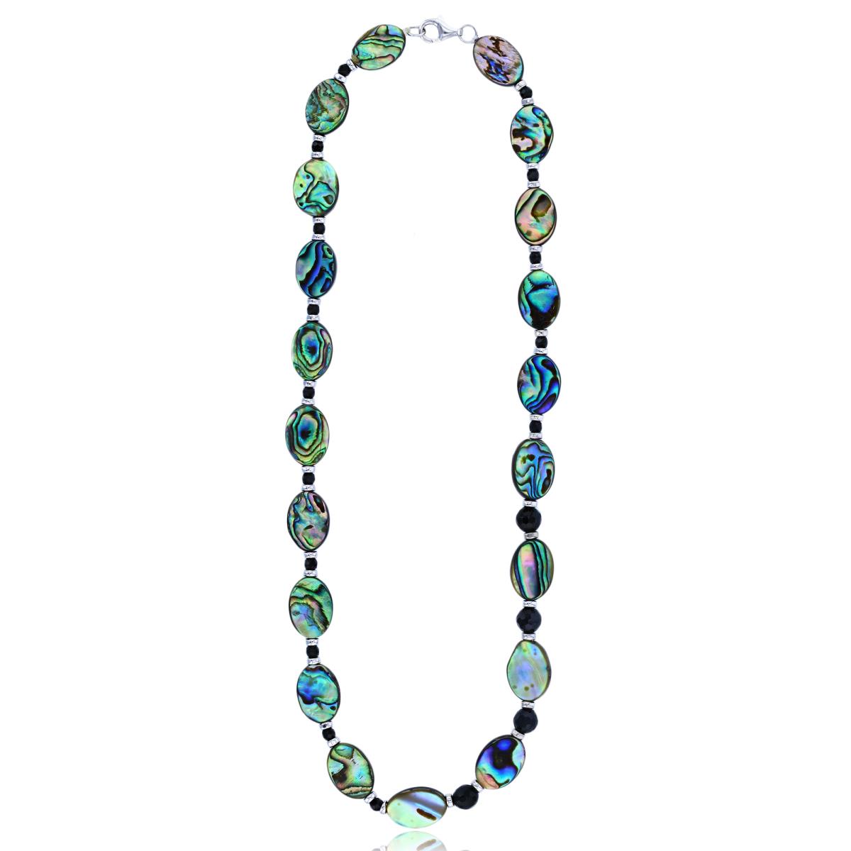 Sterling Silver Rhodium Oval Abalone & Rd Black Spinel 20" Necklace