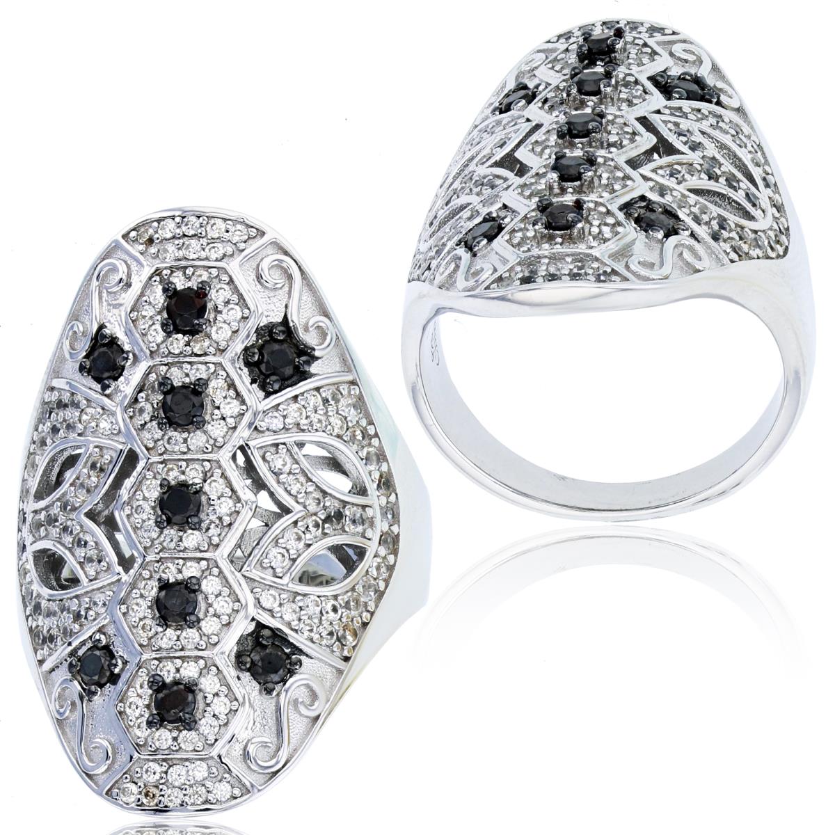 Sterling Silver Black & Rhodium Black Spinel & White Zircon 30mm Wide Fashion Ring