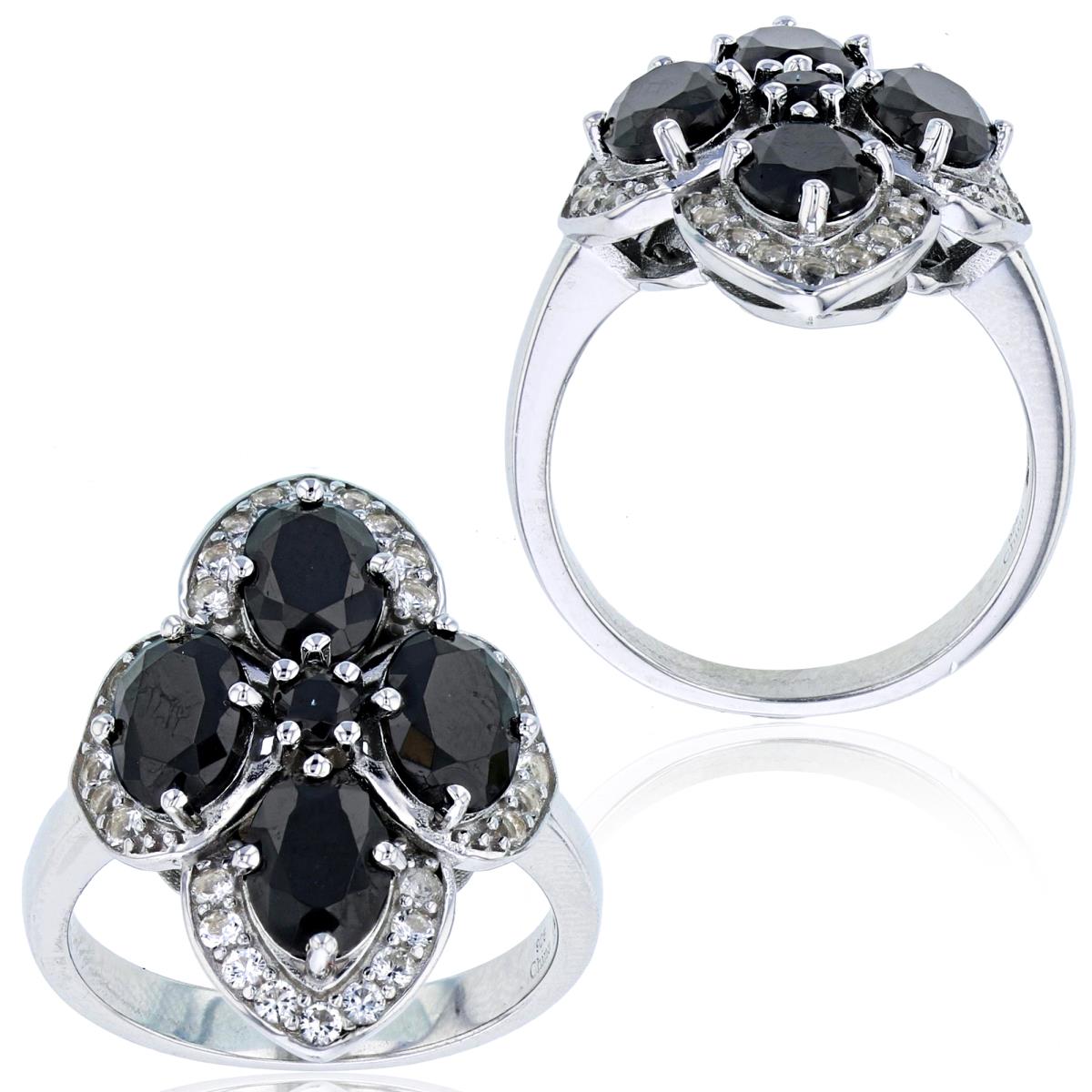 Sterling Silver Rhodium Oval Black Spinel & Rd White Topaz Flower Fashion Ring
