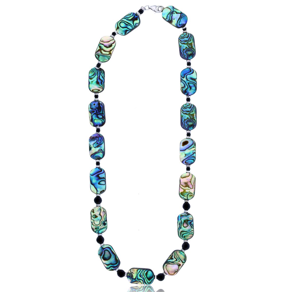 Sterling Silver Rhodium Elongated Oval Abalone & Rd Black Spinel 20" Necklace